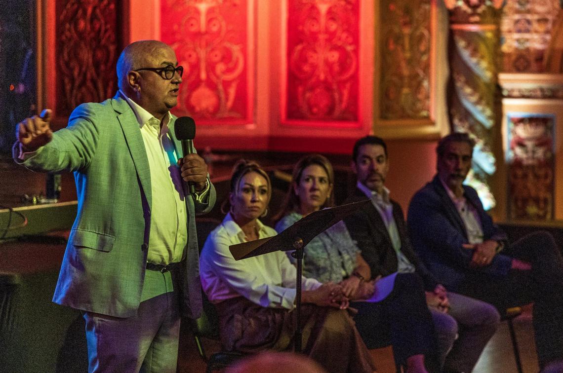 Tim Barket, an attorney for the Gusman family, speaks during a meeting hosted by the city of Miami to discuss the proposed sale of the Olympia Theater to a public charter school called Sports Leadership Arts Management on Wednesday, July 16, 2025.