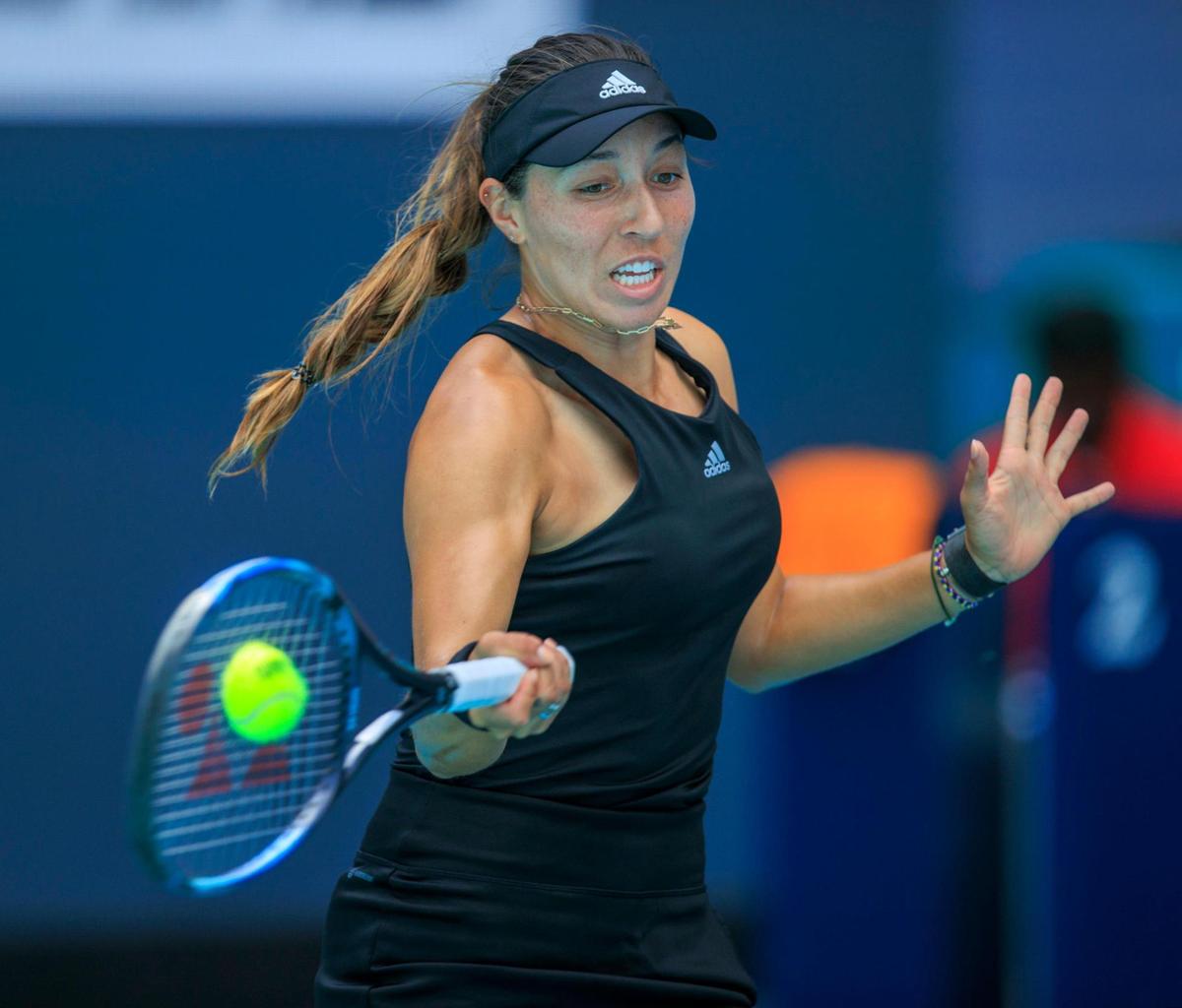 Jessica Pegula of the United States return to Paula Badosa of Spain during the Miami Open tennis tournament at Hard Rock Stadium on Wednesday, March 30, 2022 in Miami Gardens, Fl.