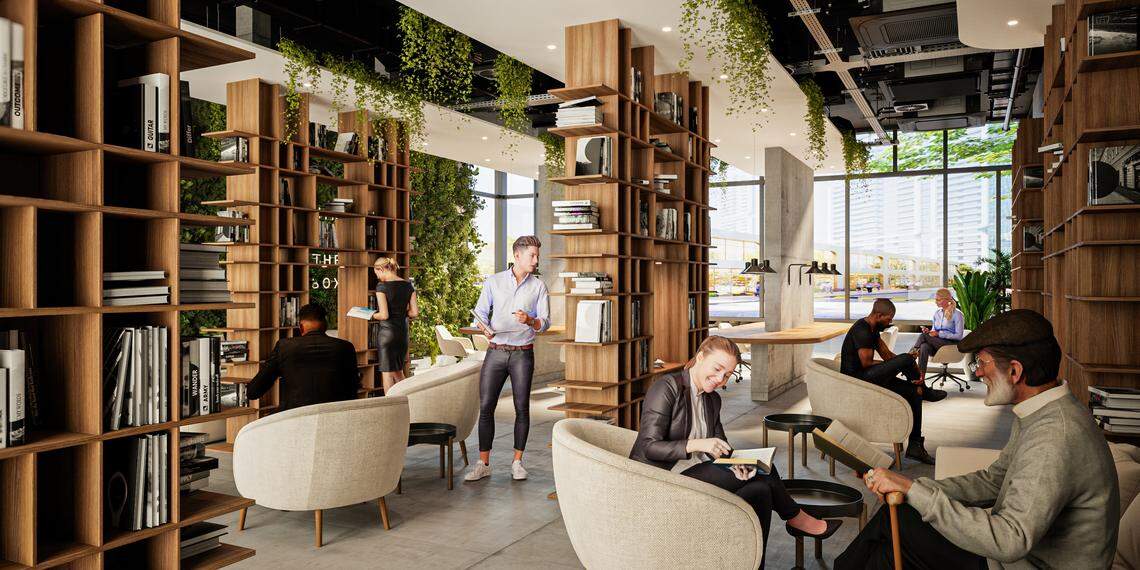 An architectural rendering depicts the planned library at The HueHub, an $880 million development that’s set to bring 4,000 apartments to Miami-Dade County’s West Little River area. Developer Pablo Castro is setting aside 3,000 apartments at unusually low rents for first responders and teachers.