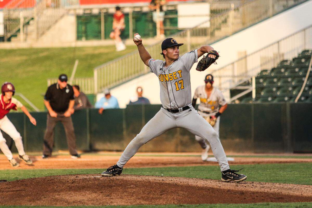 Miami Sunset pitcher Andres “Pupi” Gonzalez fires a pitch during the Knights’ Class 4A state semifinal against Citra North Marion on Friday at Hammond Stadium in Fort Myers. Sunset lost 5-4.