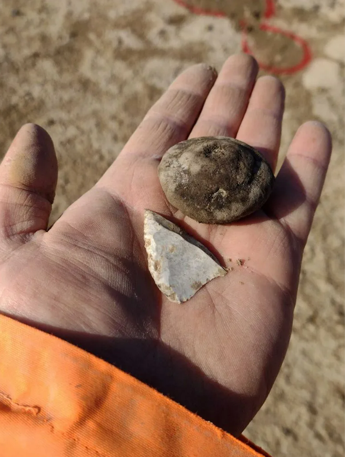 An archaeologists holds a Late Neolithic arrowhead and Late Bronze Age spindle artifact.