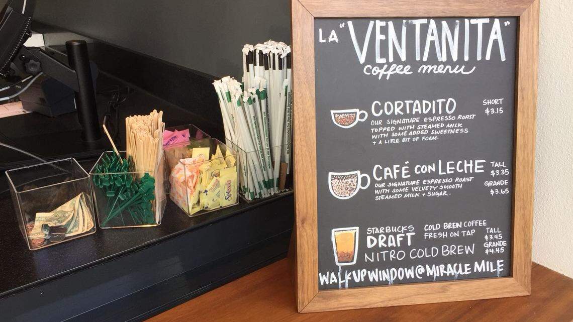 A chalkboard at “la ventanita” at the new Coral Gables Starbucks touts their versions of Cuban coffee classics