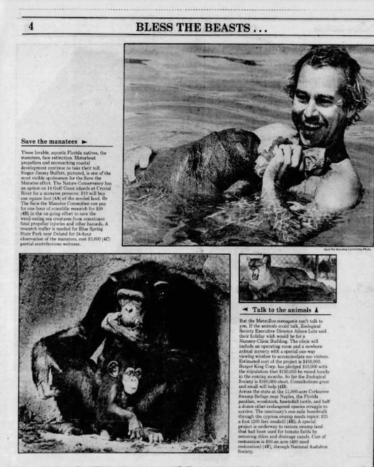 A page from the first Miami Herald Wish Book publication on Nov. 28, 1982. This one features an image of singer-songwriter Jimmy Buffett, who was a spokesman for the Save the Manatee Committee. Buffett, 74, still champions environmental issues in Florida and nationwide.