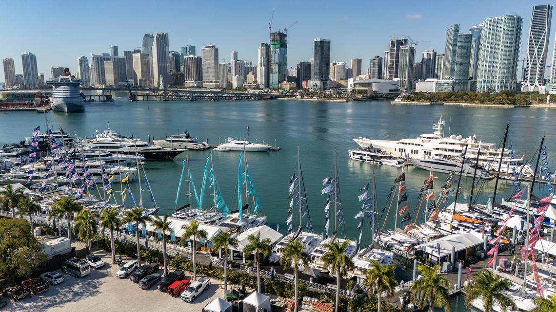 An aerial view at Sailor’s Cove along MacArthur Causeway during the Miami Beach International Boat Show in Miami Beach, Florida on Thursday, February 12, 2026.