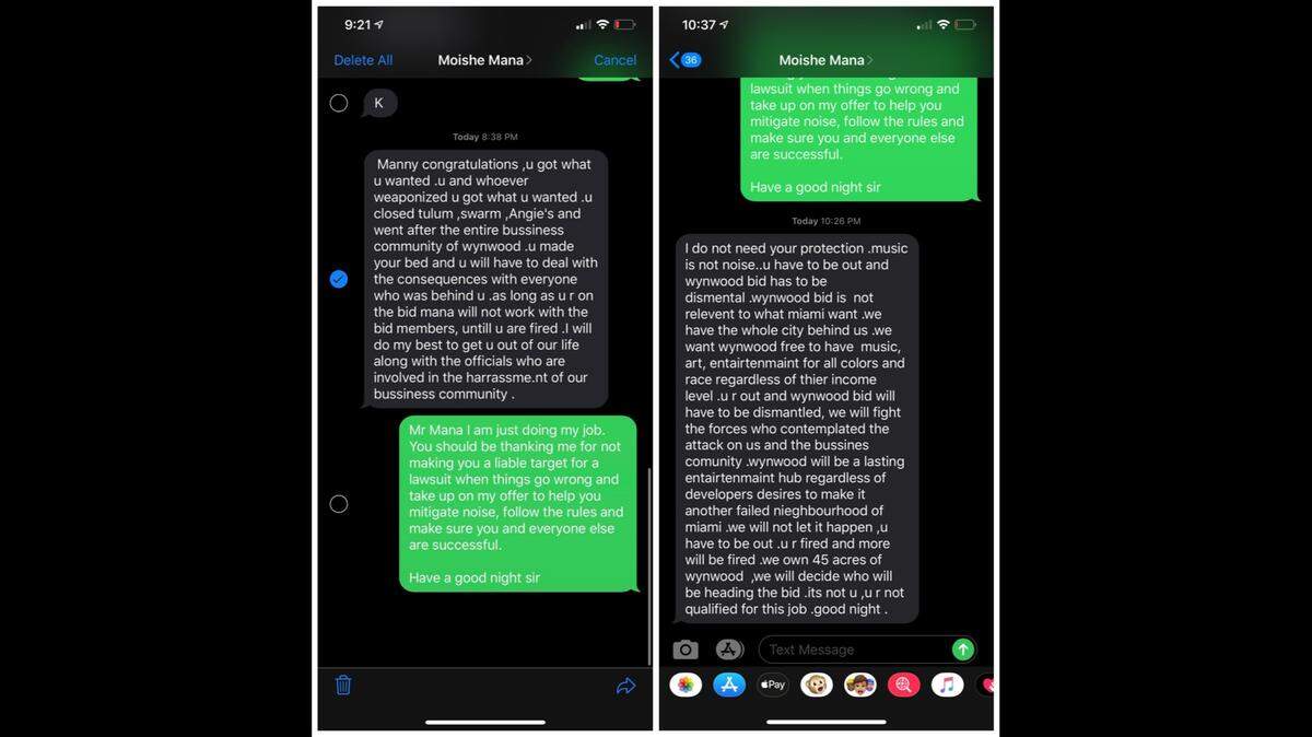 Text messages sent from Moishe Mana to Wynwood BID executive director Manny Gonzalez after Wynwood Marketplace was closed for multiple code violations.