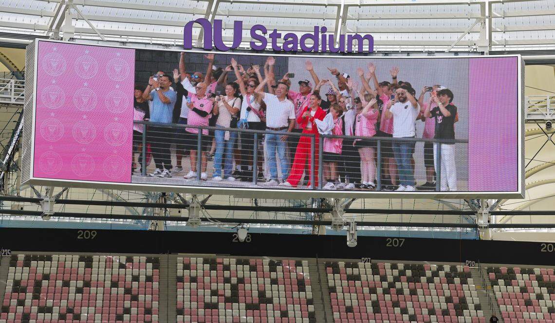 Inter Miami CF fans react as they arrive at Miami Freedom Park Nu Stadium to watch Inter Miami CF practice on Thursday, April 2, 2026.