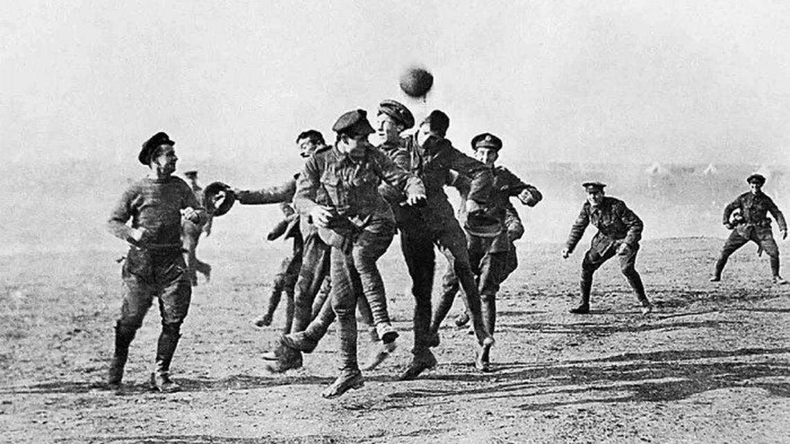 On Christmas Eve 1914, German and English soldiers, enemies on the battlefield in World War I, paused for a game of soccer together.