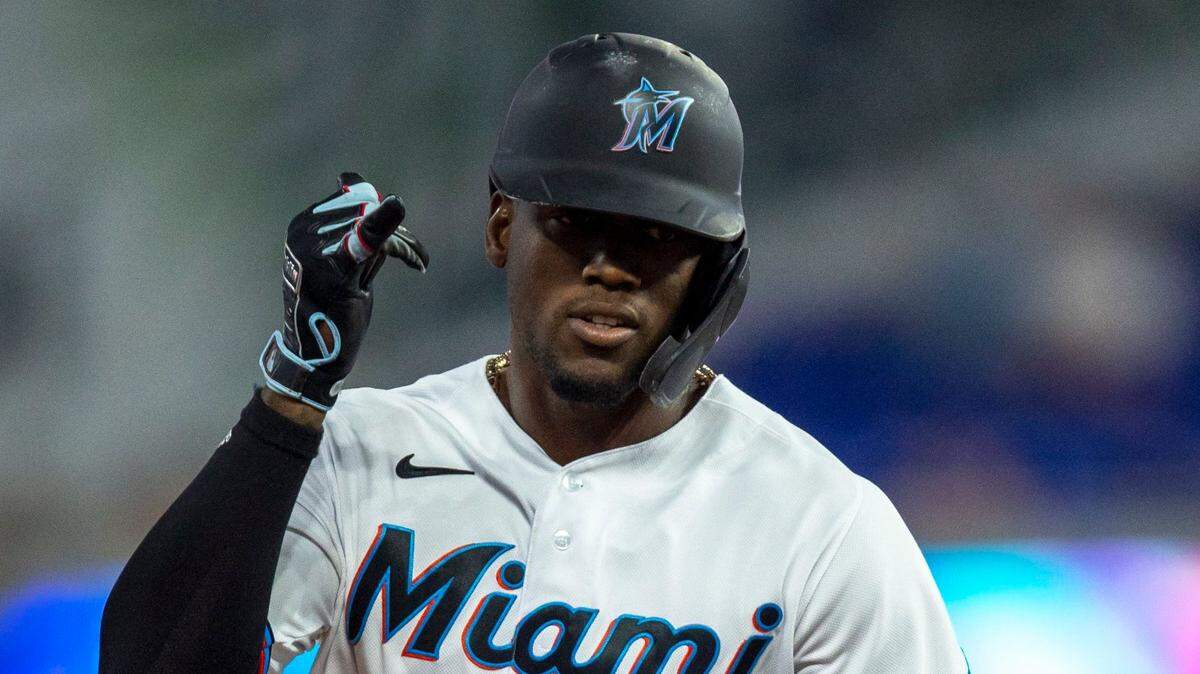 Miami Marlins base runner Jorge Soler (12) reacts to hitting a home run on a fly ball to left center field during the first inning of an MLB game against the Seattle Mariners at loanDepot park in the Little Havana neighborhood of Miami, Florida, on Friday, April 29, 2022.