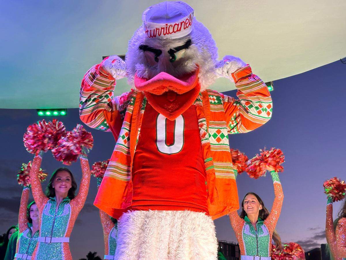 Sebastian the Ibis, the University of Miami mascot, celebrates school spirit on the University Center patio stage during Homecoming Howl activities on Oct. 27, 2023.