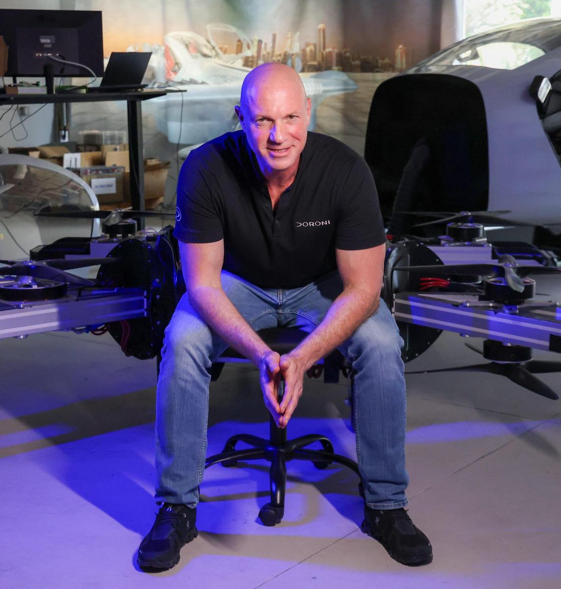 On Monday, July 3, 2023 Doroni Aerospace CEO Doron Merdinger is photographed after taking flight in his company’s flying car at Doroni Aerospace’s Pompano Beach offices.