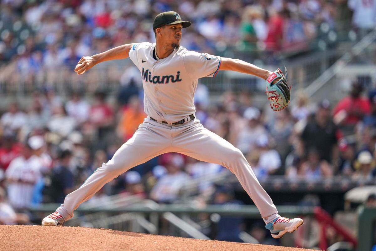 Miami Marlins starting pitcher Eury Perez (39) pitches against the Atlanta Braves during the first inning at Truist Park.