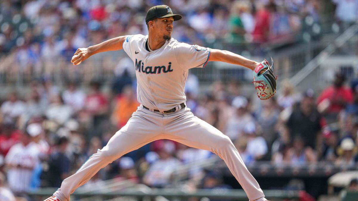 Jul 1, 2023; Cumberland, Georgia, USA; Miami Marlins starting pitcher Eury Perez (39) pitches against the Atlanta Braves during the first inning at Truist Park. Mandatory Credit: Dale Zanine-USA TODAY Sports