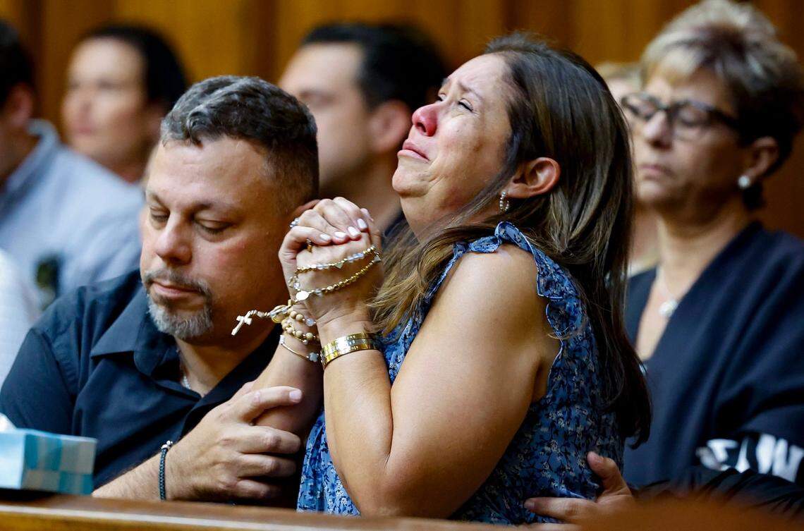Alexander Camps and Maria Camps-Lacayo react after hearing the guilty verdict of Adrian Cosby, who was convicted Friday of murdering their daughter, Andrea Camps-Lacayo, 18, in April 2020 in a botched robbery in Homestead of expensive sneakers. The verdict was delivered at the Richard E. Gerstein Justice Building in Miami, Florida on Friday, Oct. 25, 2024.