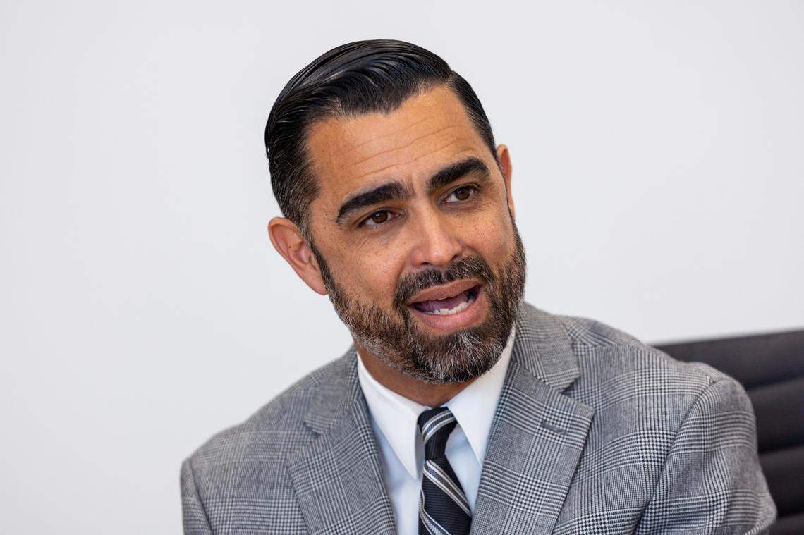 Candidate for Miami-Dade Sheriff James Reyes speaks with the Miami Herald’s Editorial Board at the Herald newsroom on Tuesday, Sept. 10, 2024, in Miami.