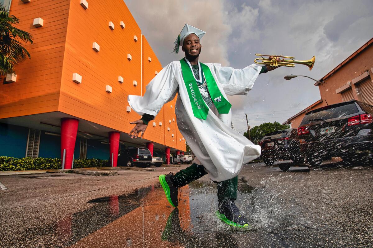 North Miami Senior High marching band member and graduate Sebastien Zephir outside his home in Miami.