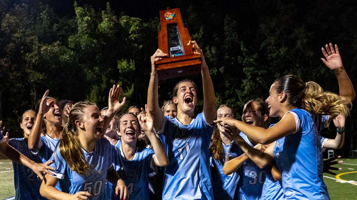 Ransom Everglades girls soccer team reacts to defeating Palmer Trinity 4-3 during the girls soccer 4-2A Regional Final on Wednesday, February 19, 2025, in Coconut Grove, Florida.