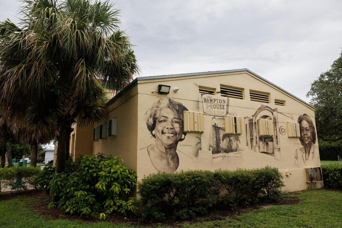 A mural of neighborhood historical figures sits in Jefferson Reaves Sr. Park on Wednesday, July 23, 2025, in the Brownsville neighborhood of Miami.