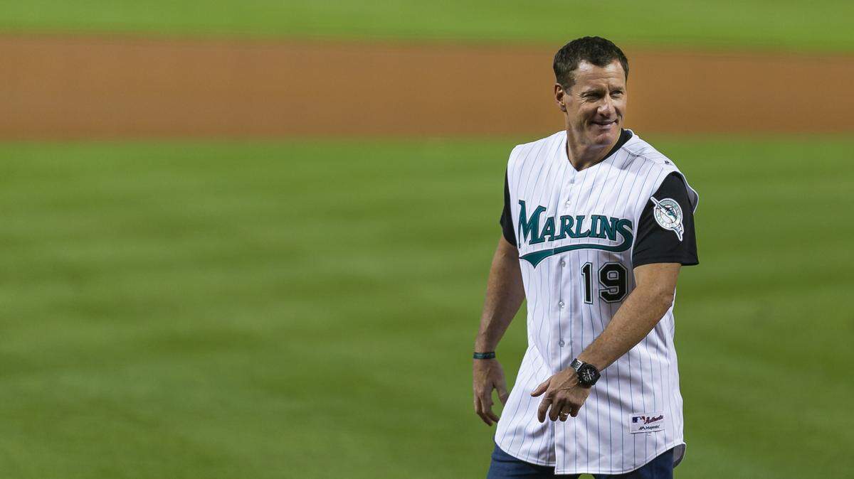 Former Miami Marlins player Jeff Conine walks off the field after throwing the ceremonial first pitch of the game between the Miami Marlins and the Arizona Diamondbacks at Marlins Park in Little Havana on Friday, July 26, 2019.