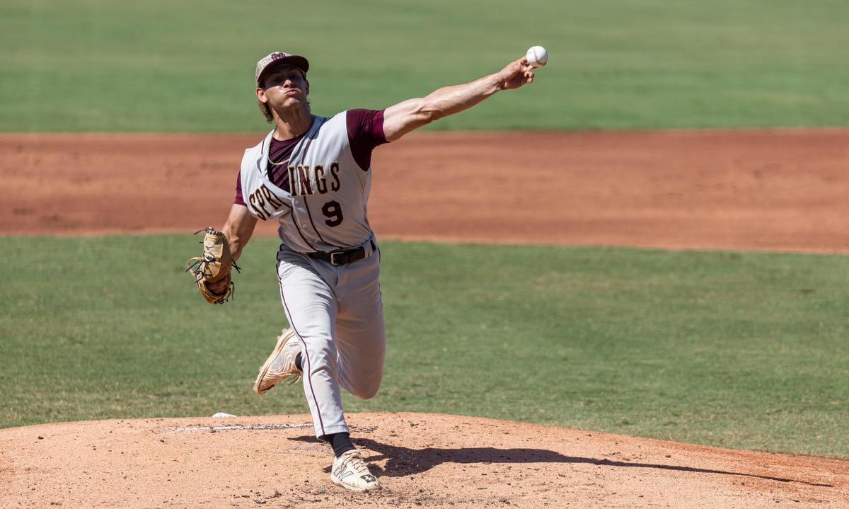 Miami Springs Golden Hawks starting pitcher Magdiel Estevez (9) pitches against the South Walton Seahawks in the first inning of their Class 3A state baseball championship game at Hammond Stadium on Tuesday, May 20, 2025, in Fort Myers, Fla.