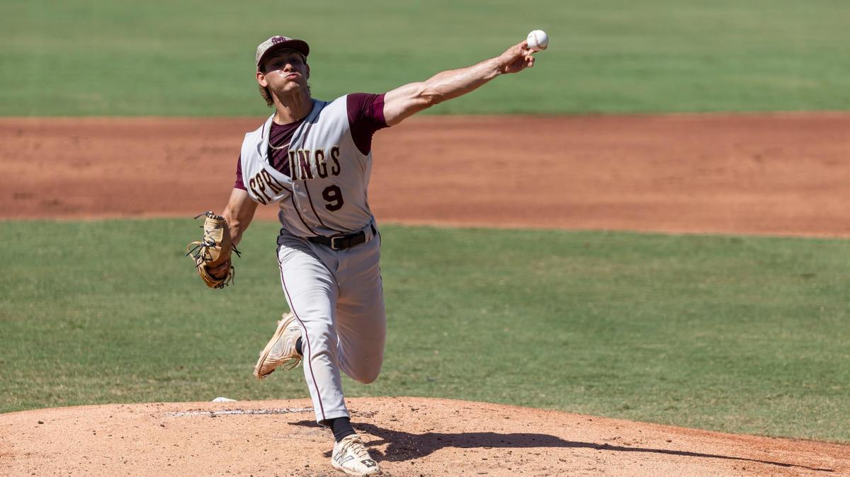 Miami Springs Golden Hawks starting pitcher Magdiel Estevez (9) pitches against the South Walton Seahawks in the first inning of their Class 3A state baseball championship game at Hammond Stadium on Tuesday, May 20, 2025, in Fort Myers, Fla.