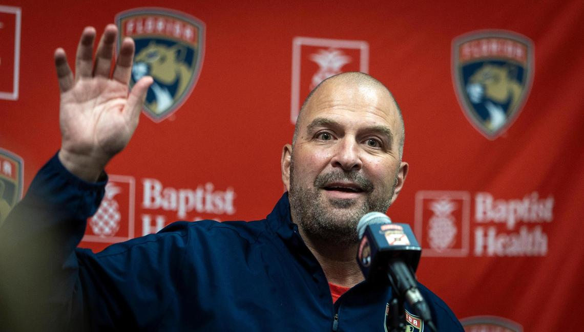 Florida Panthers General Manager Bill Zito answers questions from reporters during his end-of-the-year press conference to discuss the Panthers’ run to the Stanley Cup Final and the upcoming offseason at FLA Live Arena in Sunrise, Florida on June 21, 2023.