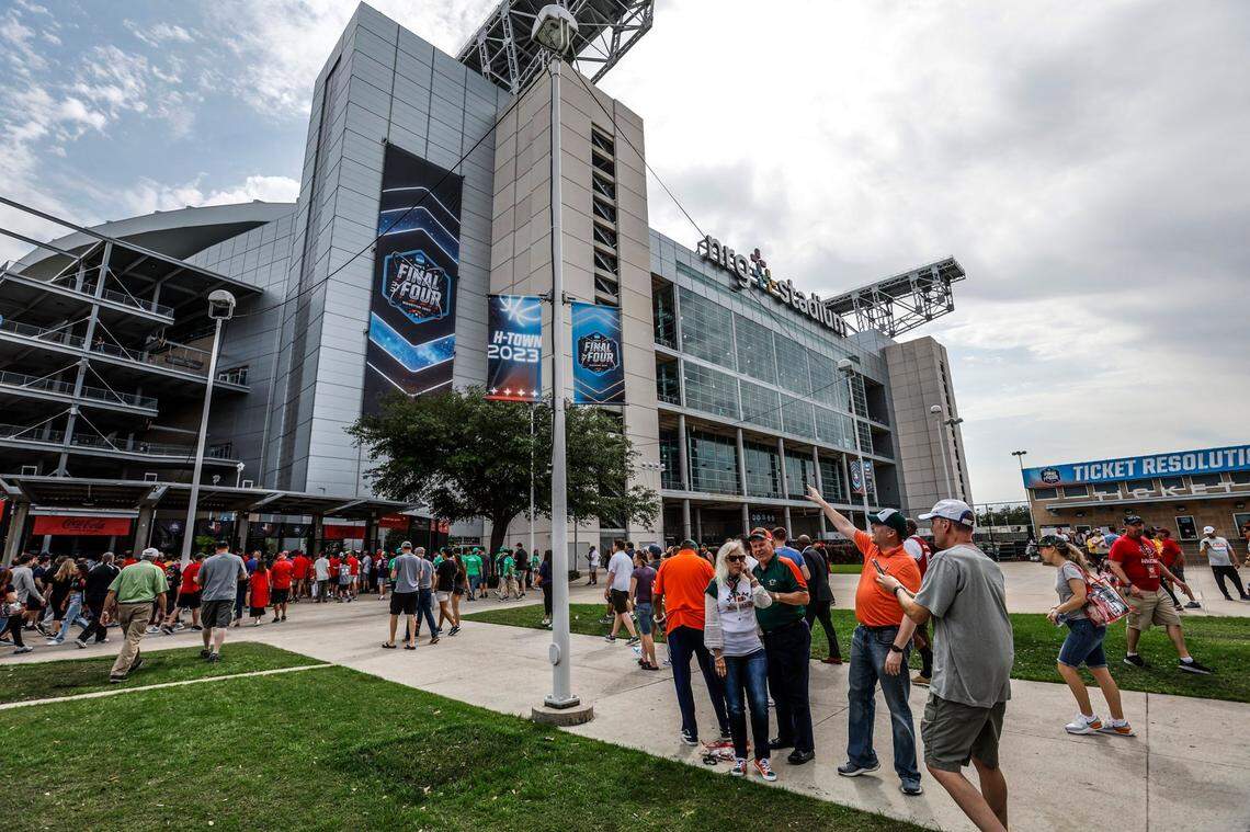 Basketball fans enter the NRG Stadium in Houston, Texas before the start of the Men’s Basketball Championship National Semifinal between Florida Atlantic Owls against the San Diego State Aztecs on Saturday, April 1, 2023.