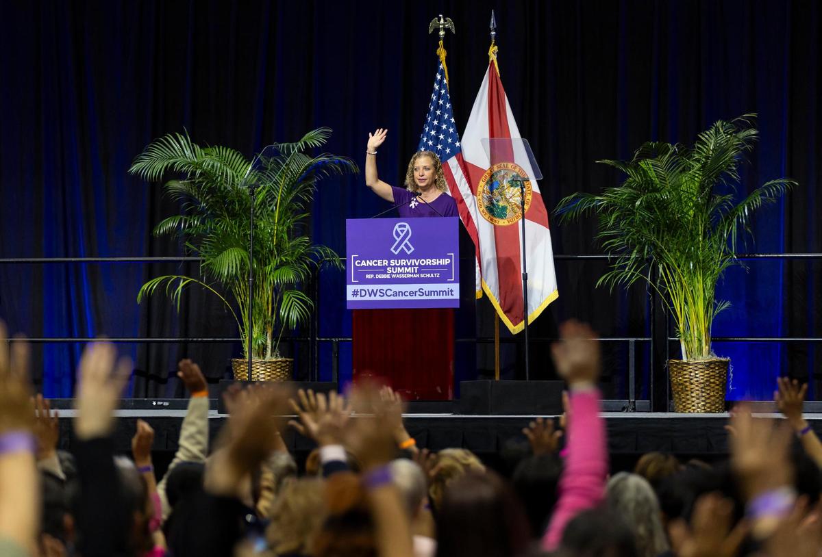 U.S. Rep. Debbie Wasserman Schultz, D-Fla., speaks during the Cancer Survivorship Summit at Nova Southeastern University on Monday, Oct. 16, 2023, in Davie, Fla.