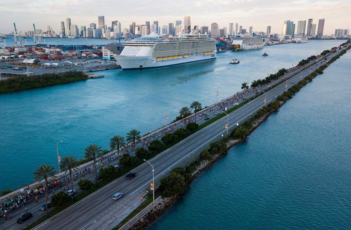 An aerial view of MacArthur Causeway shows runners making their way toward Miami Beach from downtown Miami as they participate in the Miami Marathon and Half Marathon on Feb. 9, 2020.