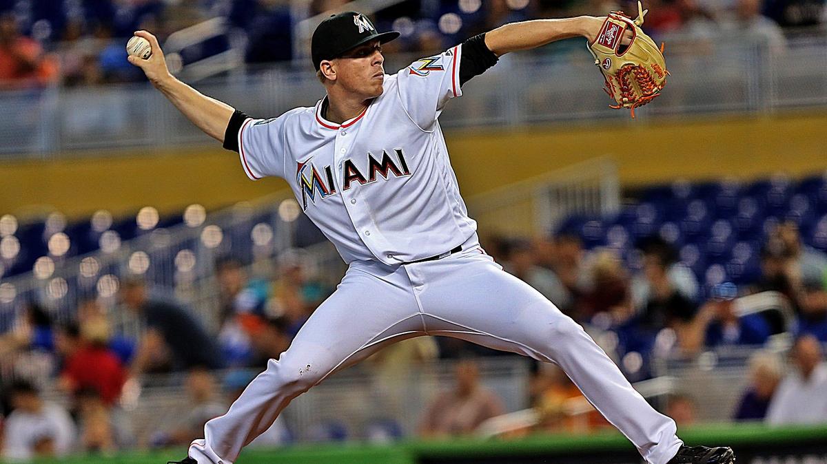 Marlins’ starting pitcher #43 Jeff Brigham throws a pitch during the first inning as the Miami Marlins host the Toronto Blue Jays  on Sunday, September 2, 2018.