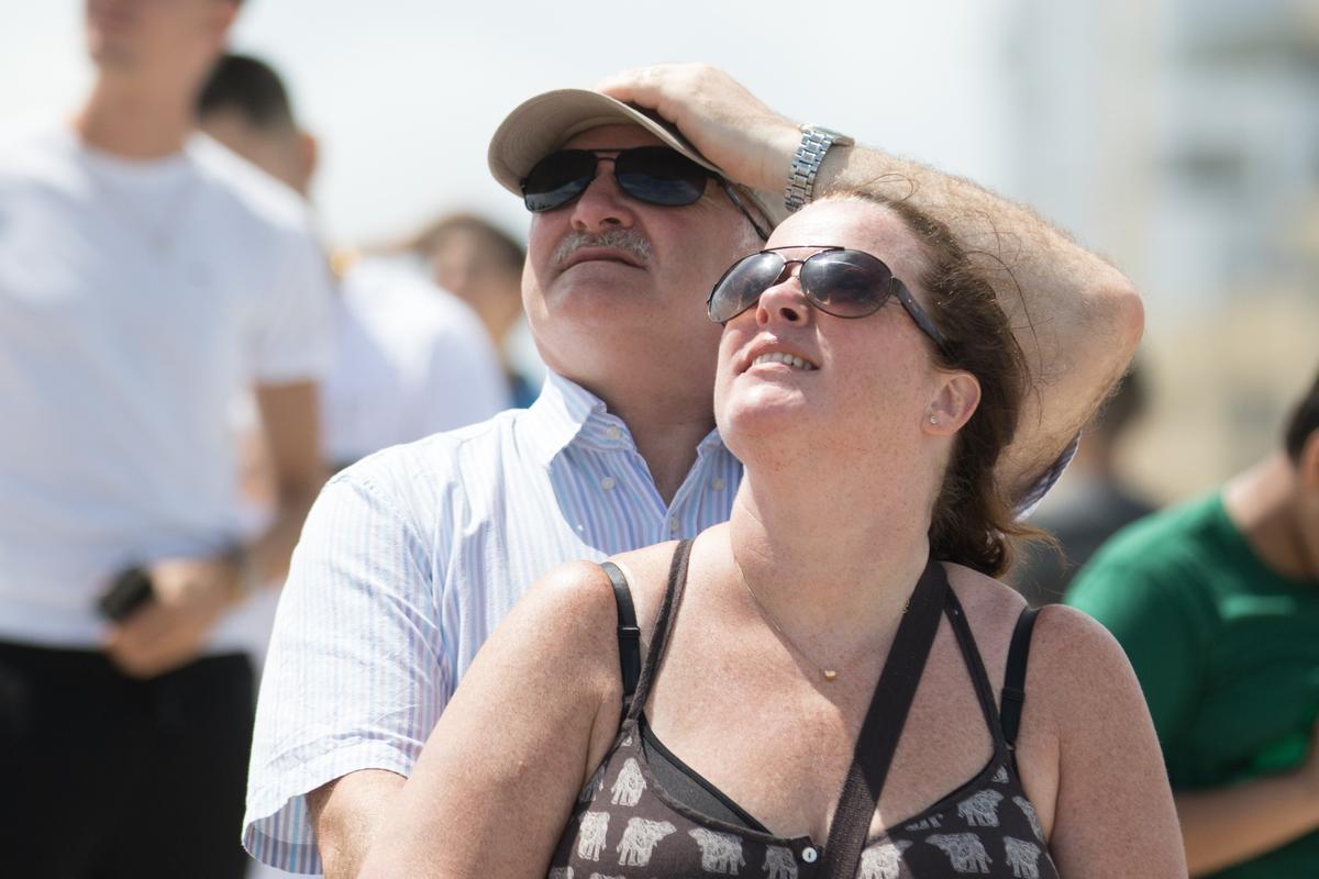 Nick Crisp and Julia Crisp, both from England, enjoy the Hyundai Air & Sea Show in Miami Beach on Sunday, May 27, 2018.