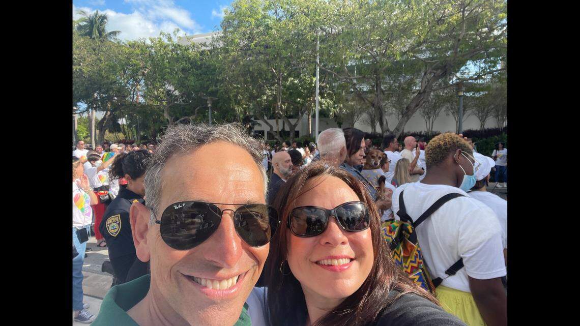 The late Miami Beach Commissioner Mark Samuelian, left, is photographed with his life partner Laura Dominguez, who is running to fill Samuelian’s seat.