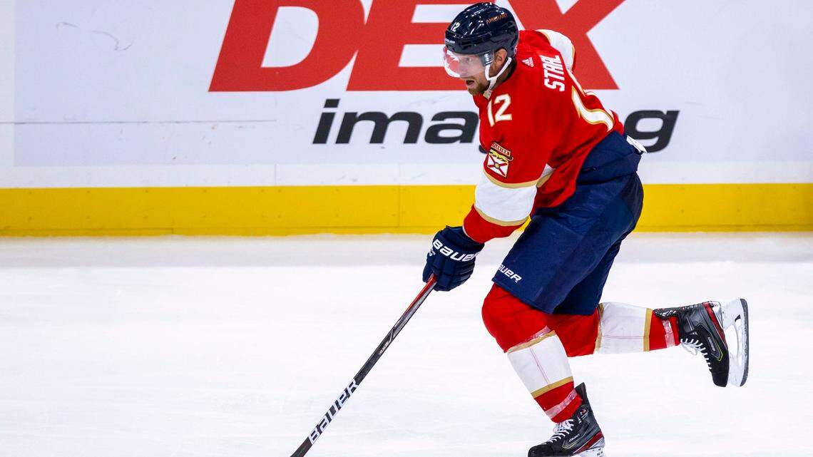 Florida Panthers forward Eric Staal (12) controls the puck during a NHL preseason game against the Tampa Bay Lightning at FLA Live Arena in Sunrise, Florida, on Thursday, October 6, 2022.