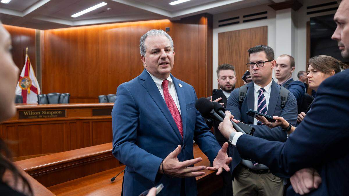 Florida’s then-Chief Financial Officer Jimmy Patronis speaks to reporters after a Florida Cabinet Meeting at the State Capitol on Tuesday, March 4, 2025, in Tallahassee, Fla.