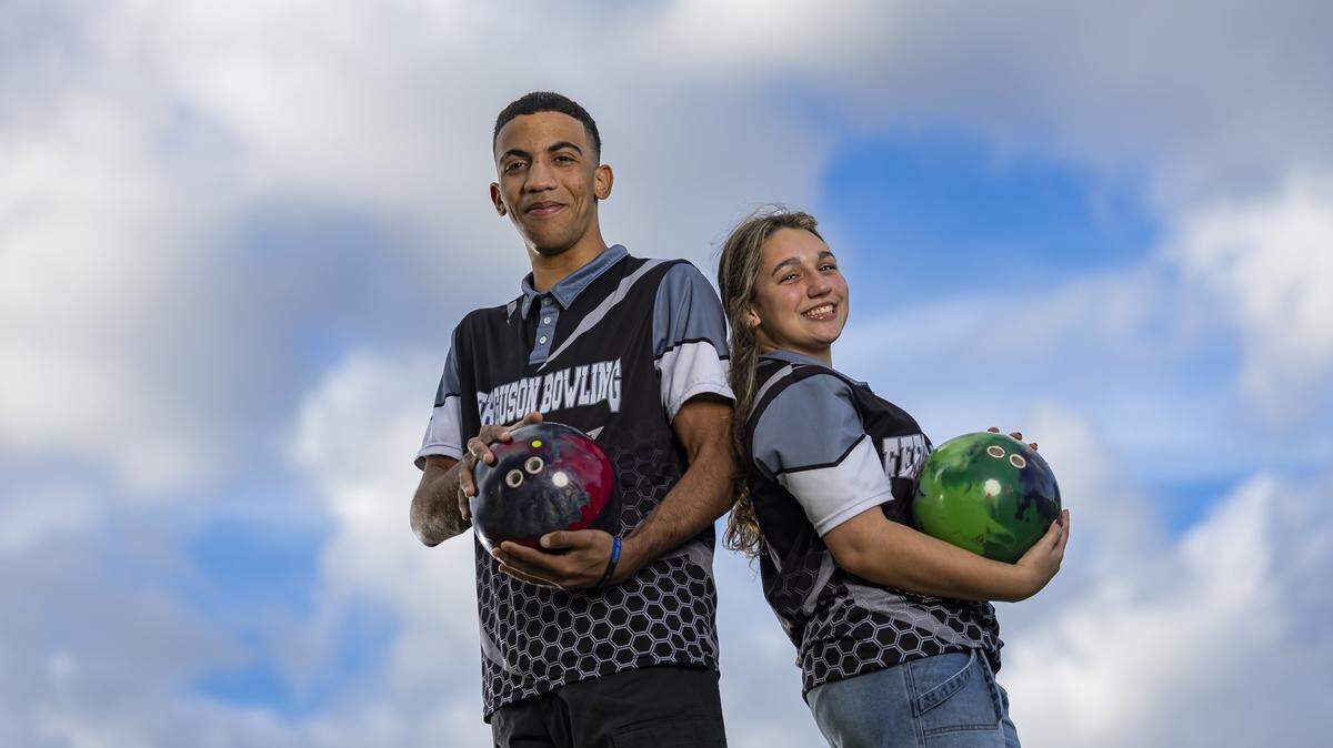 Rashawn Viart, left, and Angelie Brito, John A. Ferguson Senior High School, Bowling. All-Dade players photographed at A.D. Barnes Park on Wednesday, Dec. 17, 2025, in Miami, Fla.