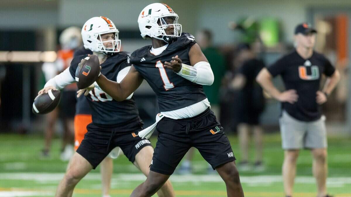 Miami Hurricanes quarterback Cam Ward (1) throws the ball during practice inside the Carol Soffer Indoor Practice Facility at the University of Miami on Monday, March 4, 2023 in Coral Gables, Fla.