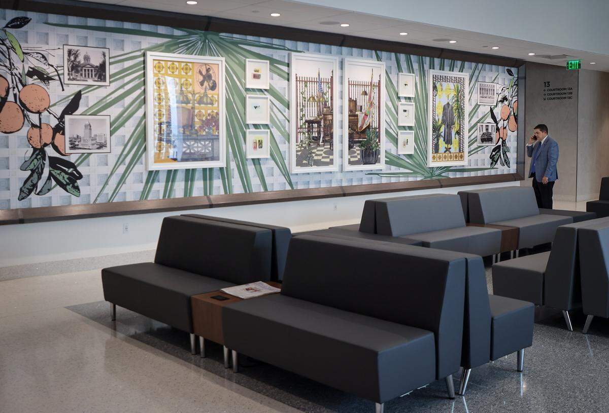 As part of Miami-Dade County's Art in Public Places initiative, the Osvaldo N. Soto Justice Center features 14 large-scale commissions and artworks from 25 local and South Florida artists. Pictured is Laura Tanner's “Homage to Cielito Linda,” which was commissioned and now displayed in one of the courtrooms at the new courthouse on Wednesday, January 14, 2026.