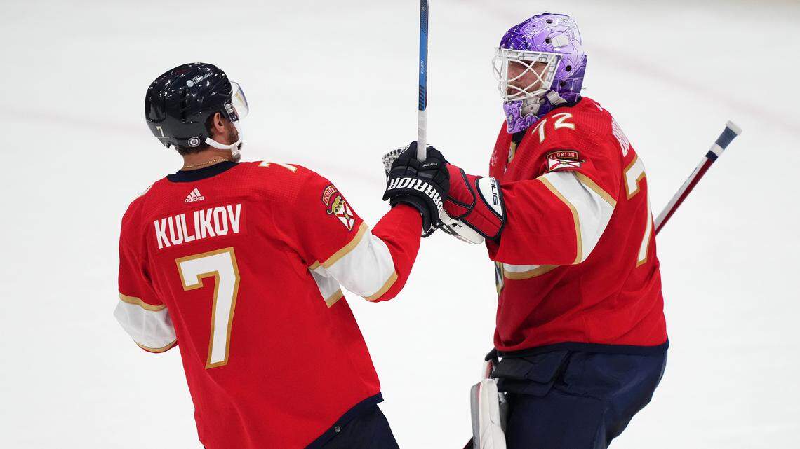 Nov 20, 2023; Sunrise, Florida, USA; Florida Panthers defenseman Dmitry Kulikov (7) celebrates with Florida Panthers goaltender Sergei Bobrovsky (72) after defeating the against the Edmonton Oilers at Amerant Bank Arena. Mandatory Credit: Jasen Vinlove-USA TODAY Sports
