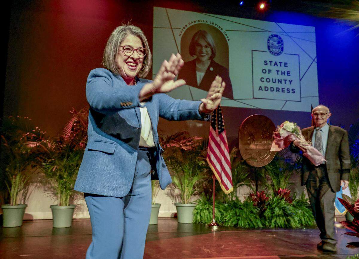 Miami-Dade Mayor Daniella Levine Cava reacts towards the audience after delivering her speech during the 2026 State of the County Address at Florida Memorial University in Miami Gardens, Florida on Wednesday, January 28, 2026.