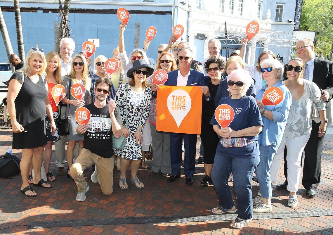 The “Save the Playhouse” group awaits Miami Mayor Francis Suarez’s press conference outside the Coconut Grove Playhouse on May 17, 2019.