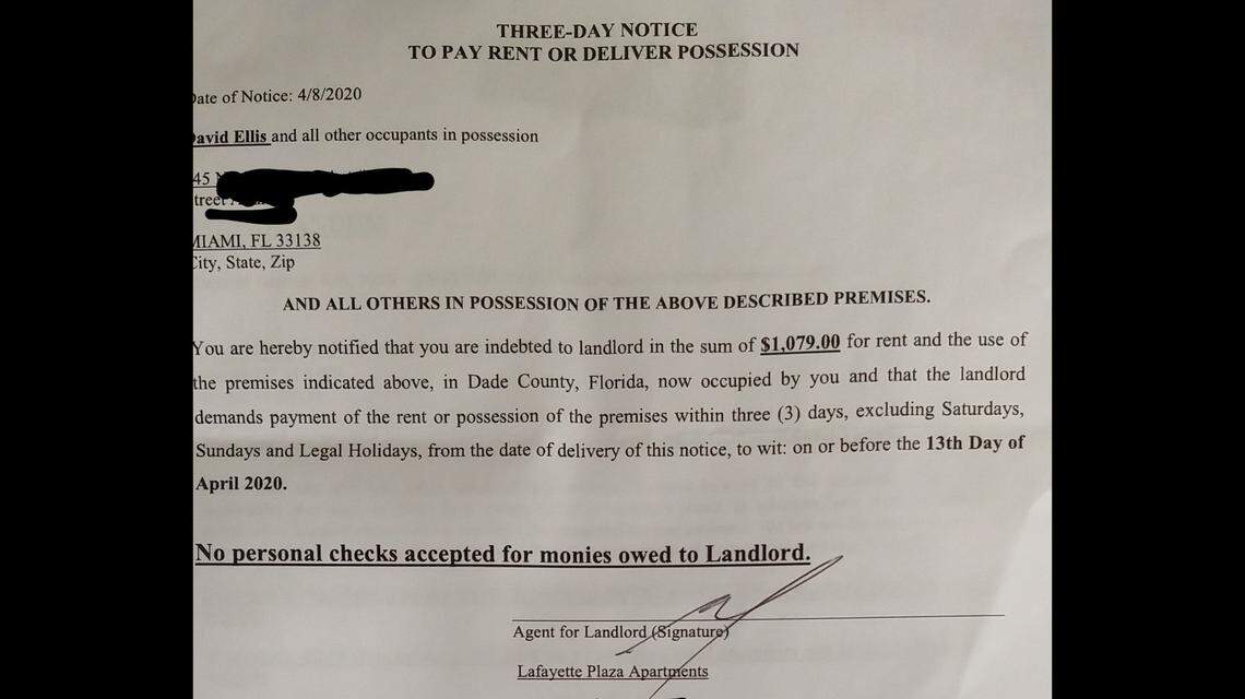 This screenshot shows part of an April 8 letter to renter David Ellis from landlord Lafayette Plaza Apartments in Miami, giving him three days to make good on April rent or get out. The building is actually subject to a 120-day federal moratorium on evictions, and outside counsel for Gatehouse Group Inc. said the letter was sent in error and is being rescinded.