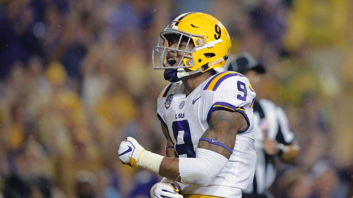 In this Sept. 29, 2018, file photo, LSU safety Grant Delpit (9) celebrates his sack of Mississippi quarterback Jordan Ta’amu during the first half of a game in Baton Rouge, La. Delpit was named to the 2018 AP All-America NCAA college football team, Monday, Dec. 10, 2018.