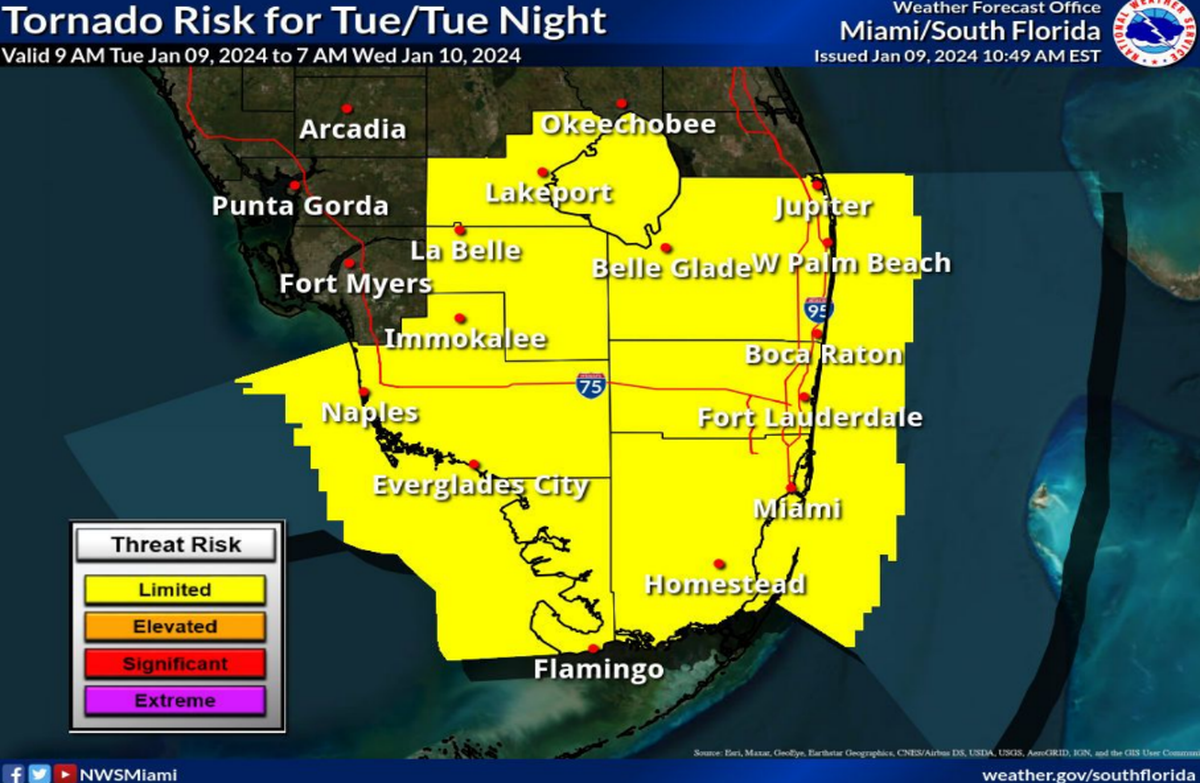 There is a limited risk of tornadoes across South Florida during Tuesday evening and early Wednesday morning.