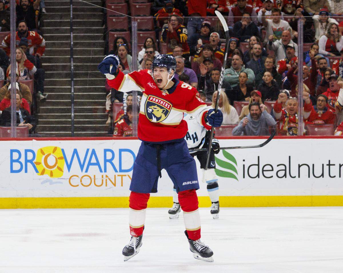 Florida Panthers left wing Sandis Vilmanis (95) reacts to scoring his first NHL goal during the second period of a game against the Utah Mammoth on Tuesday, Jan. 27, 2026, at Amerant Bank Arena in Sunrise, Fla. 