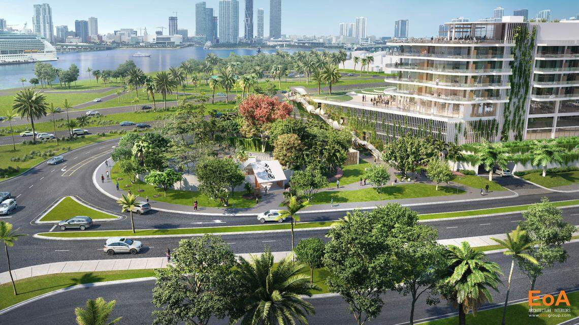 An architectural rendering shows a conceptual design for a planned hotel, at right, at the Jungle Island attraction on Watson Island, with a revamped Ichimura Miami Japanese Garden at left.