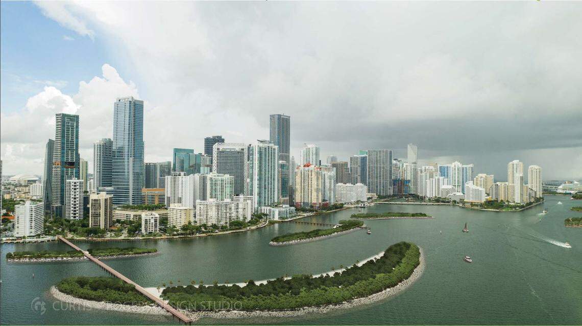 A rendering depicting what manmade islands, living shorelines and other nature-based solutions to protect downtown Miami might look like, instead of the Army Corps of Engineers’ proposed 10-foot high walls.