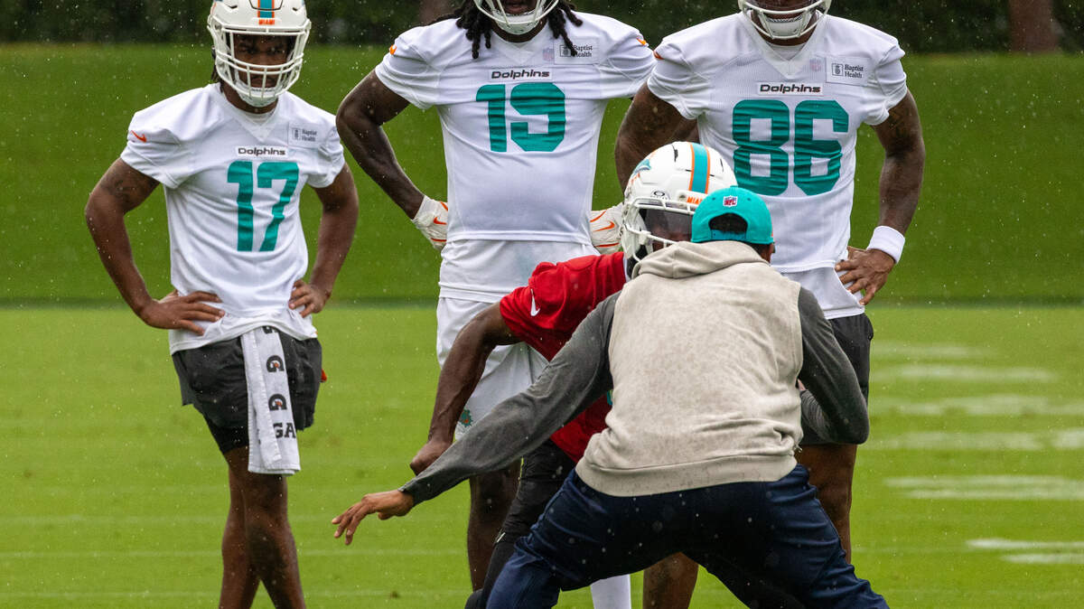 Miami Dolphins wide receiver Jaylen Waddle (17) watches his teammates run drills at Organized Team Activities at the Baptist Health Training Complex on Tuesday, June 3, 2025, in Miami Gardens, Fla.