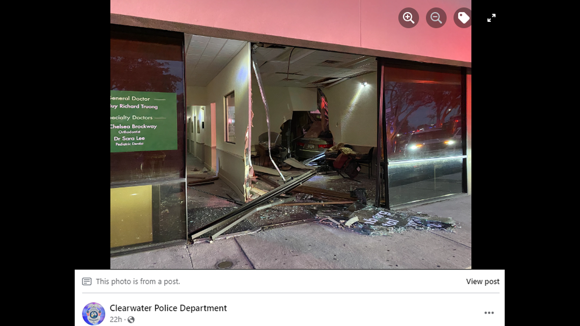 A car crashed through the front of a Florida dental office and came to a stop in the neighboring restaurant after a driver accused of being under the influence went off the road, police said.