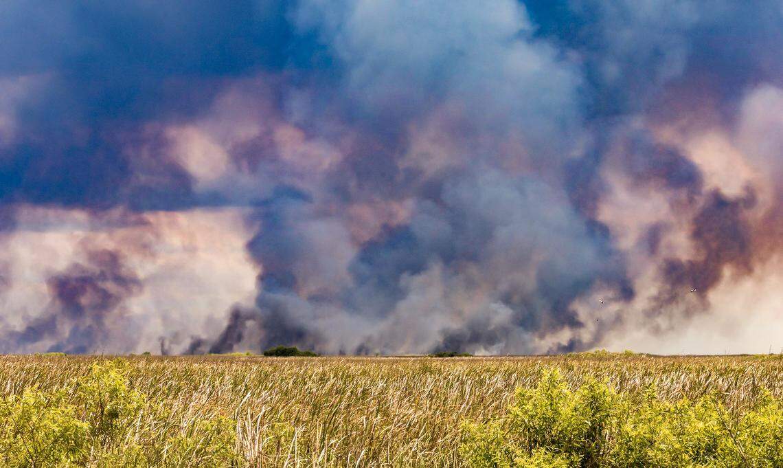 Smoke rises from a large wildfire on the south side of Tamiami Trail on Tuesday, April 28, 2026.