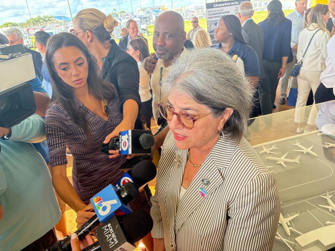 Miami-Dade County Mayor Daniella Levine Cava talks to reporters at Miami International Airport on Tuesday, June 24, 2025.