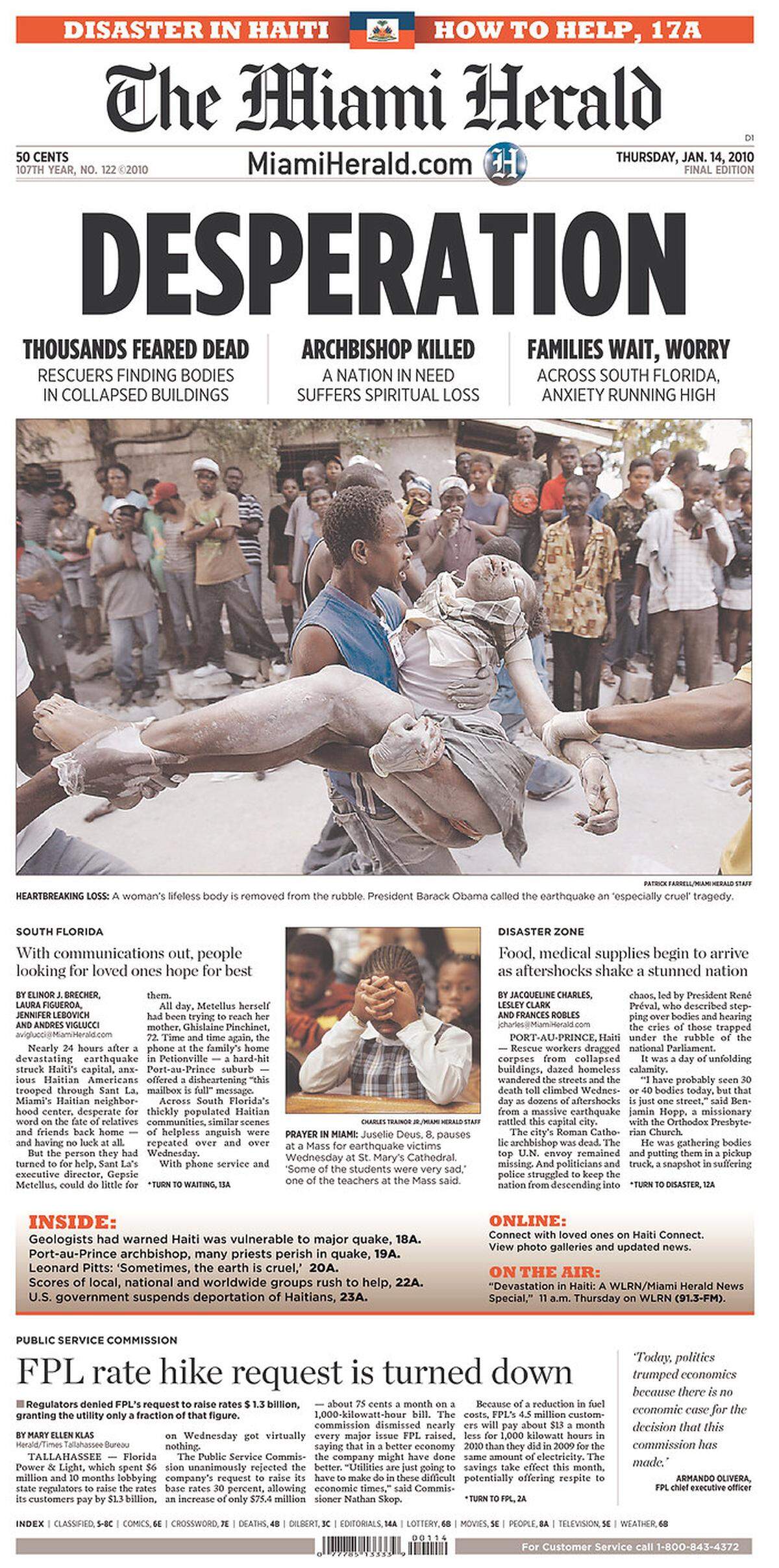 Miami Herald front page after the Haiti earthquake of 2010
